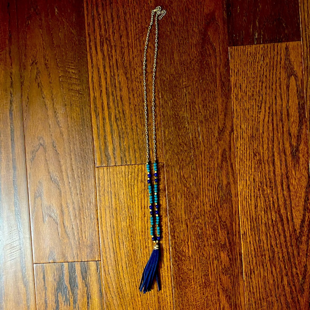 Blue/Gold Beaded Tassel Necklace
